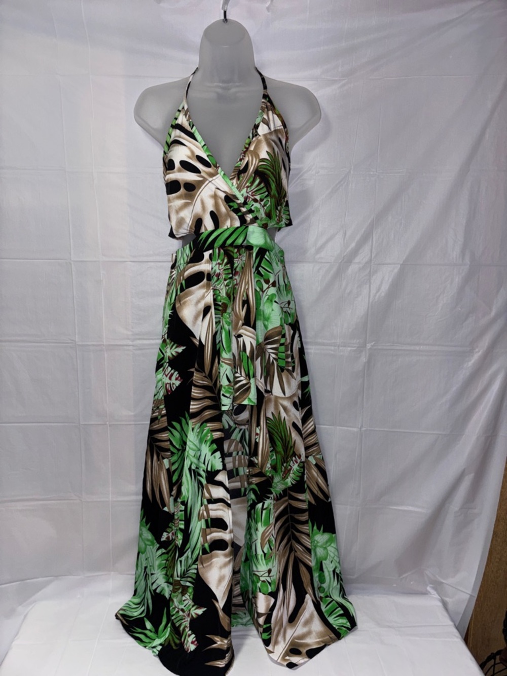Source Unknown Tropical Halter Maxi Dress in Green, Black and Cream